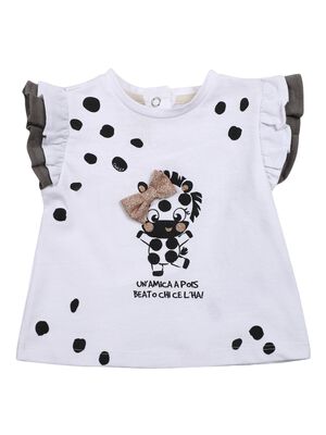 Girls White Printed Short Sleeve Knitted T- Shirt